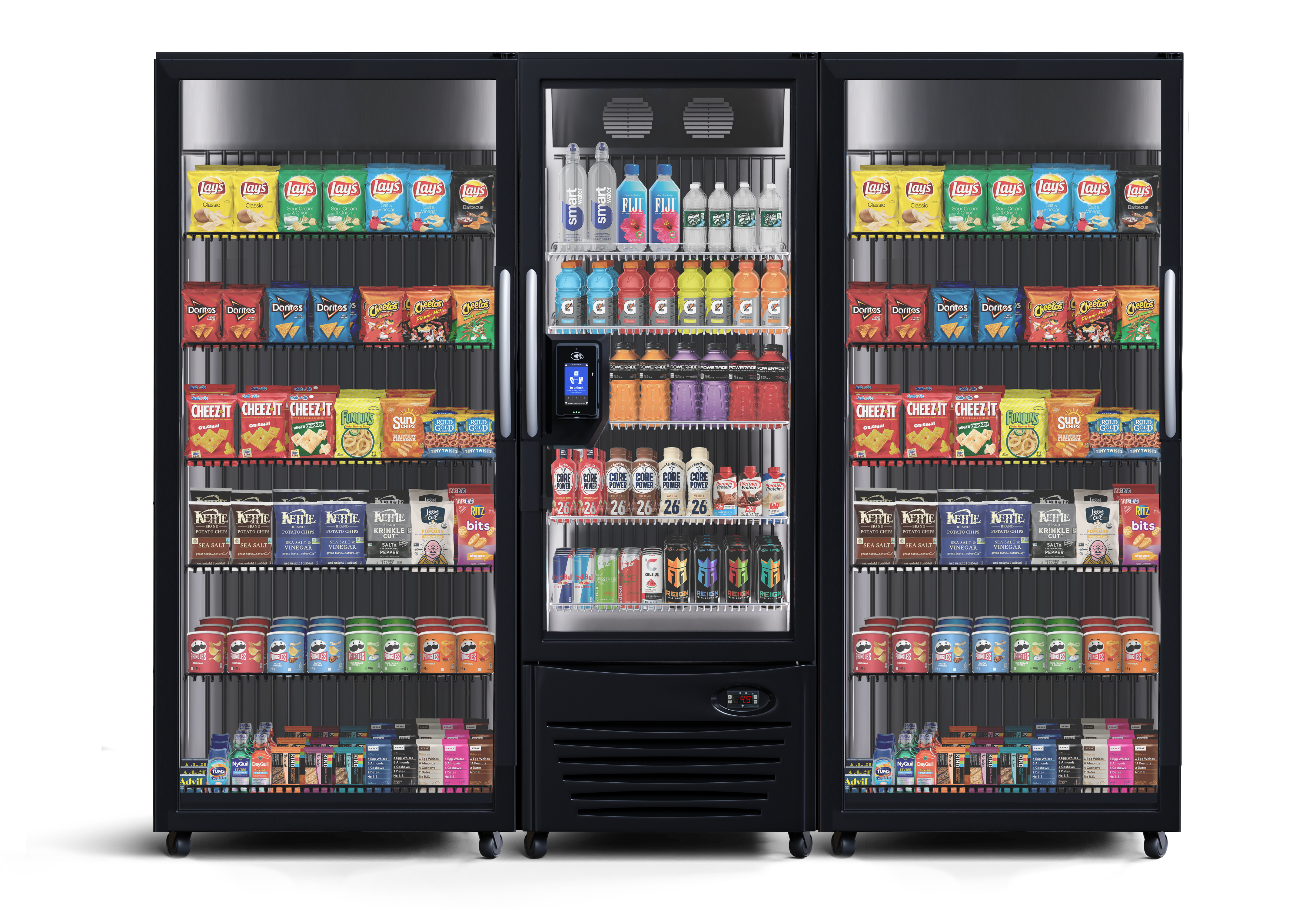 Three-bay vending machine setup